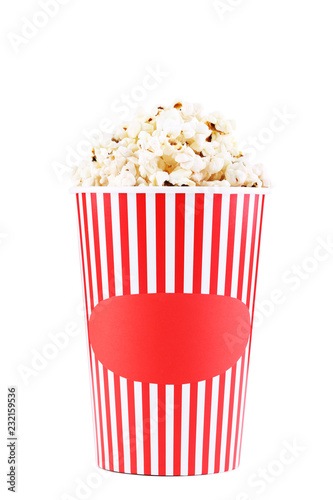 Popcorn in striped bucket isolated on white background