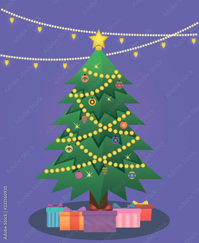 Christmas tree on a purple background decorated with gift boxes, star, lights and decoration balls. Merry Christmas and a happy new year. Flat style vector illustration. Christmas tree on a purple background decorated with gift boxes, star, lights and decoration balls. Merry Christmas and a happy new year. Flat style vector illustration.