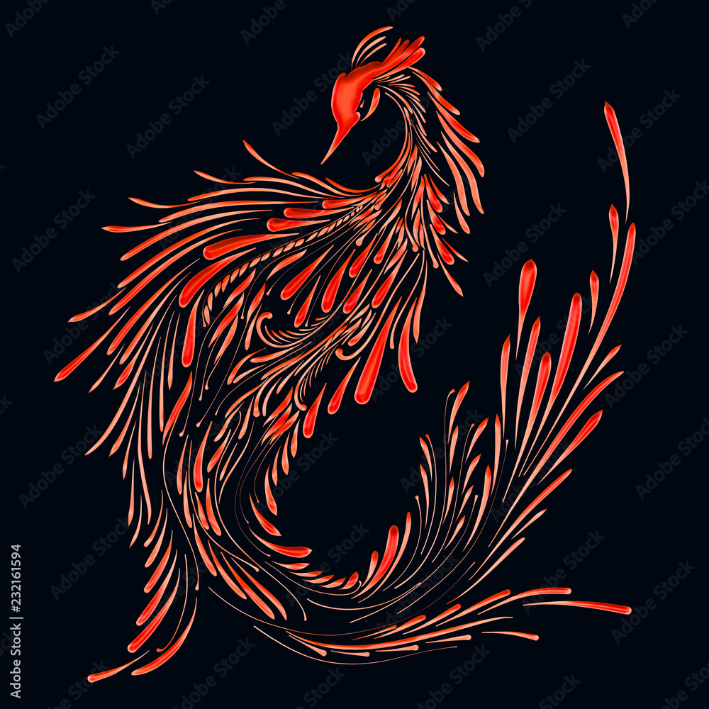Obraz premium Fire bird on a black background, red phoenix, pattern