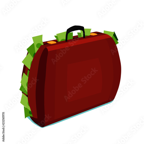 A brown suitcase is full of money. Suitcase with money is a symbol of wealth.