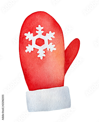 Warm red festive mitten with beautiful snowflake decoration and fluffy fur edge. One single object, cozy seasonal accessory. Hand painted water color graphic illustration on white background, cutout.
