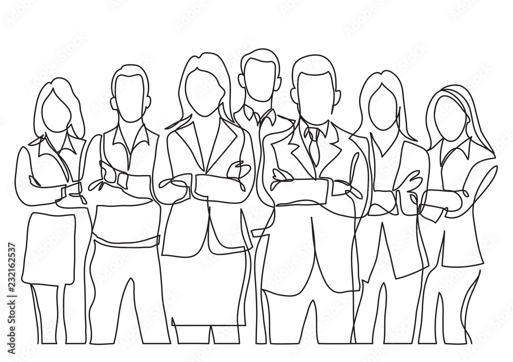 continuous line drawing of business team standing with crossed arms continuous line drawing of business team standing with crossed arms