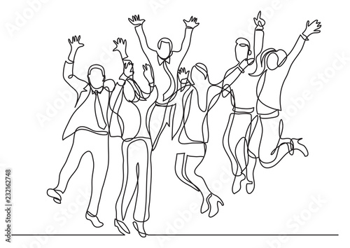 continuous line drawing of happy business team jumping joy