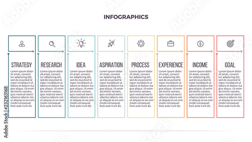 Business infographics with 8 steps, options. Vector template. Editable line.