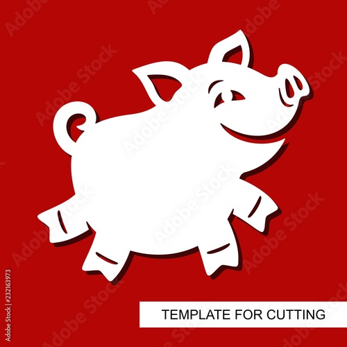 Cute smiling cartoon pig. Zoo theme. Vector illustration. Funny animal character. Template for laser cutting, wood carving, paper cut and printing.