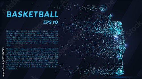 Basketball glowing blue particles. Basketball player throws the ball into the basket.