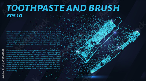 Toothpaste and toothbrush glowing blue particles.