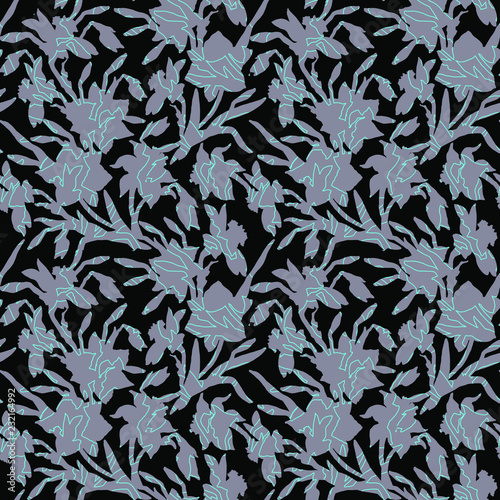 Botanical seamless pattern with silhouettes hand drawn flowers daffodils, narcissus on dark. For wallpaper, fabrics, textile, men's clothing. Manual graphics. Vector illustration.