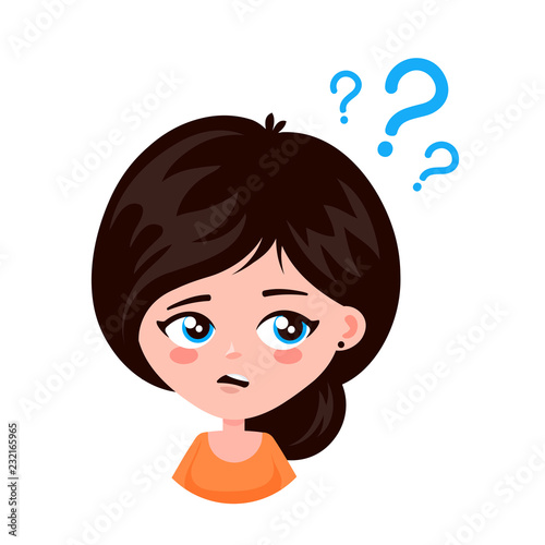 Young woman thinking standing under question marks