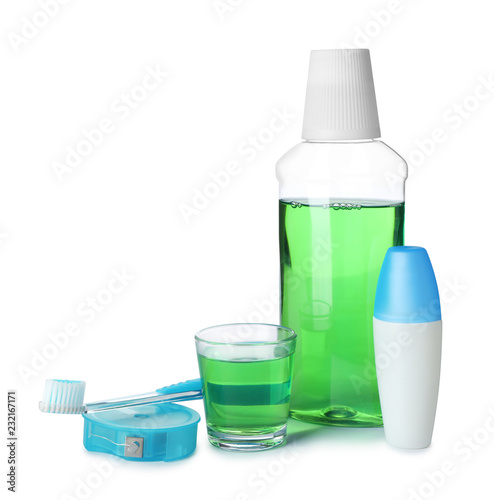 Items for teeth care and personal hygiene on white background