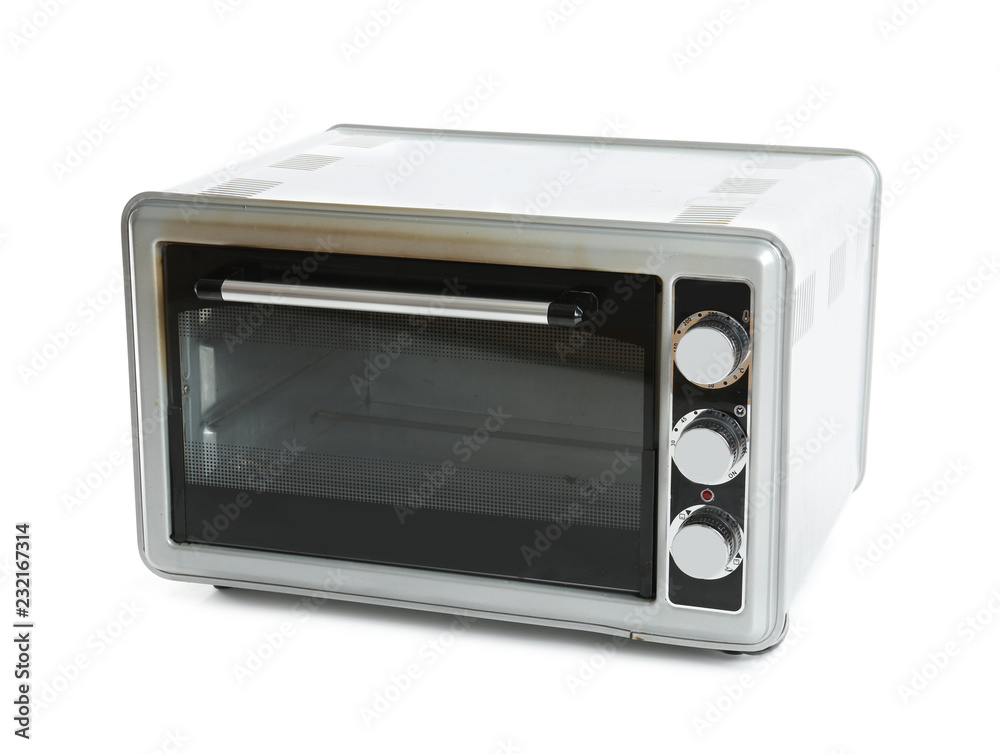 Fototapeta premium Dirty modern electric oven on white background