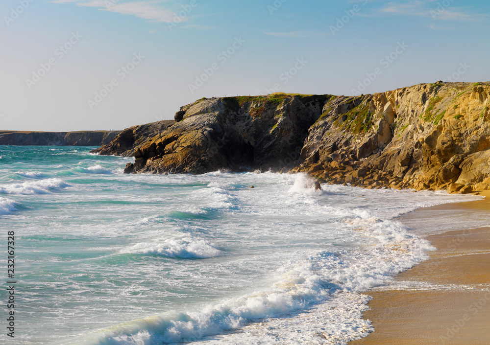 France, Brittany, Morbihan, Cote Sauvage, Quiberon Peninsula, Port Bara,  waves breaking on sandy beach Stock Photo | Adobe Stock