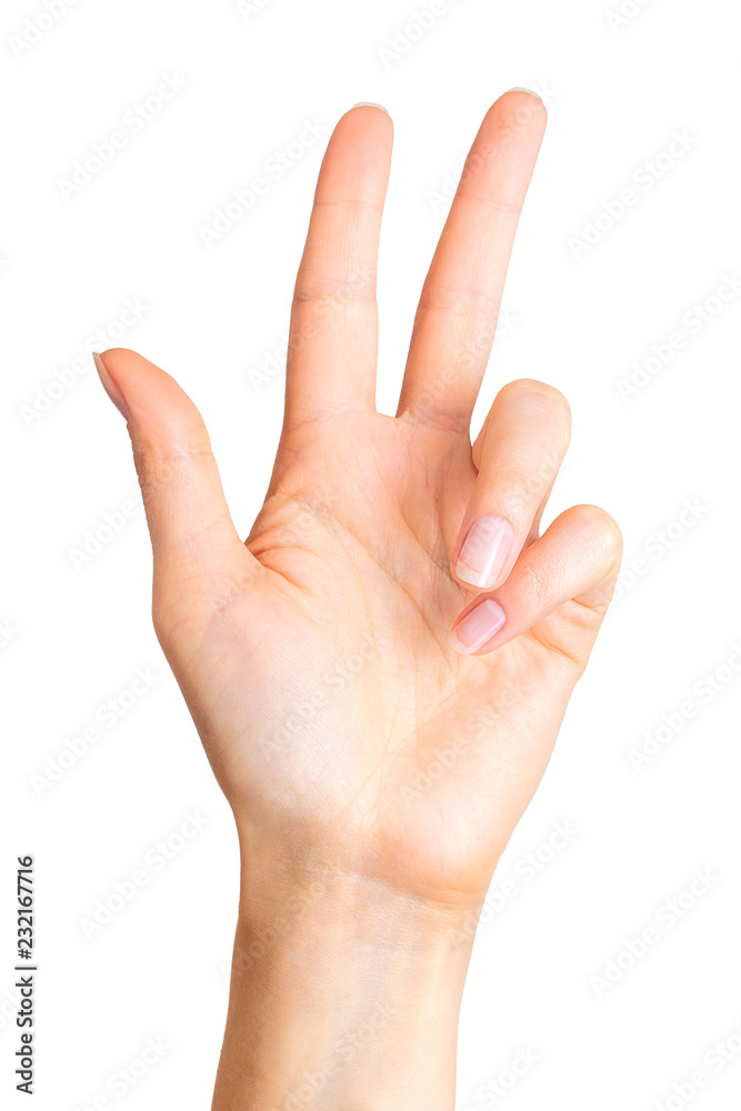 Female hand showing 3 fingers in gesture of order beer in Germany Female hand showing 3 fingers in gesture of order beer in Germany