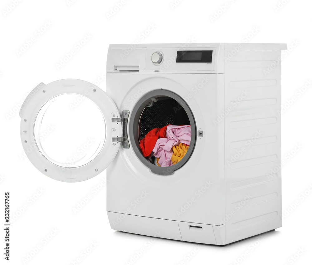 Fototapeta premium Modern washing machine with laundry on white background