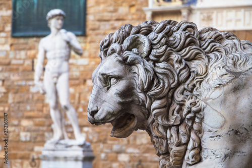 Sculptures in Piazza della Signoria with a copy of the famous David by Michelangelo in the background, Florence, Tuscany, Italy, Europe photo