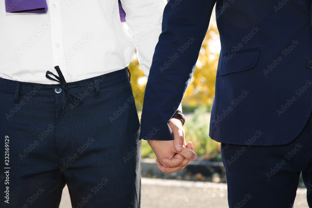 Gay couple holding hands outdoors, closeup view