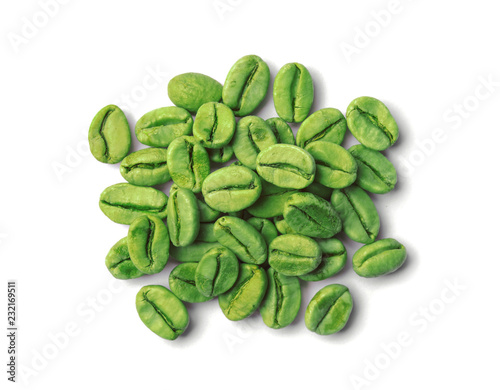Heap of green coffee beans on white background