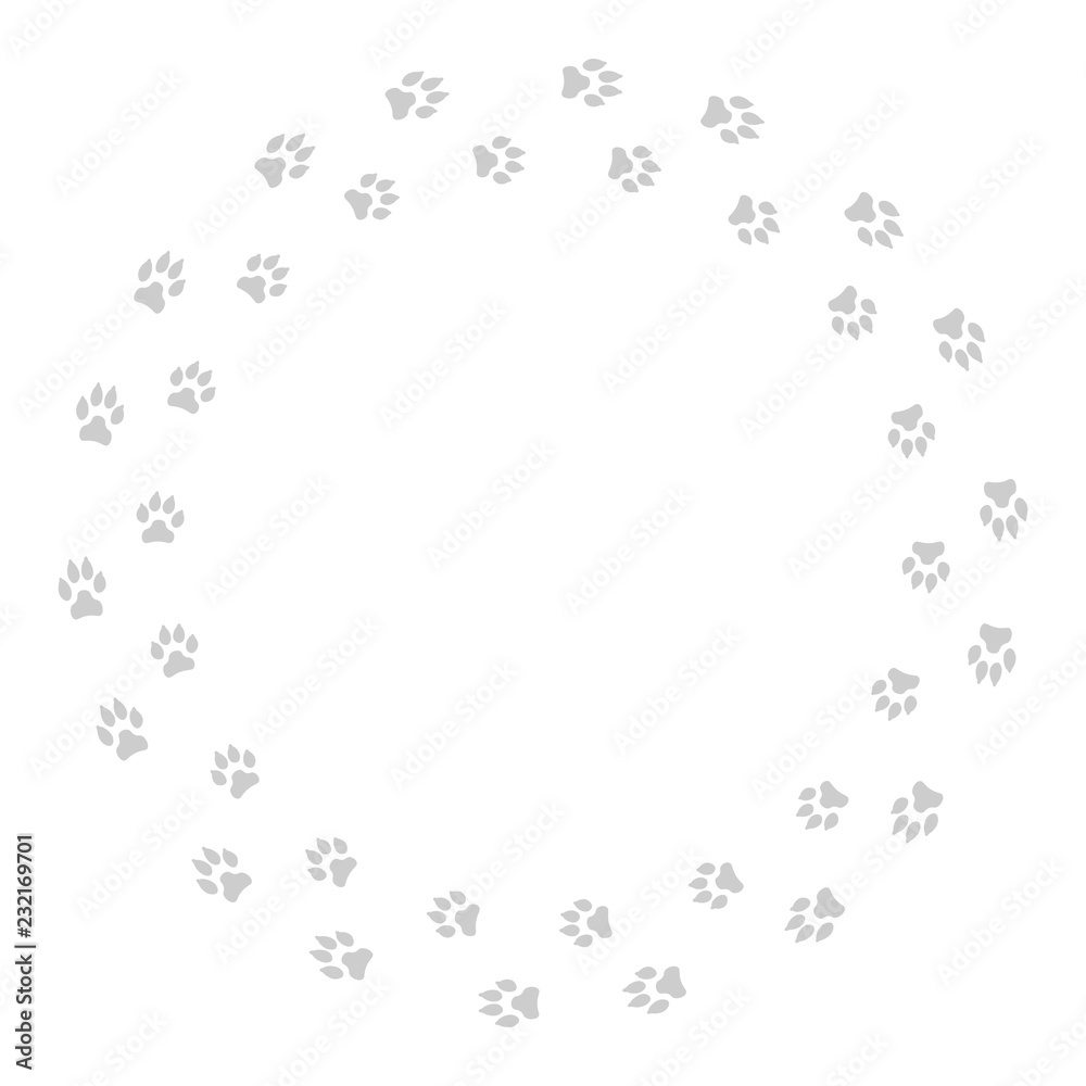 Fototapeta premium Round frame with dog tracks isolated on white background. Vector illustration.