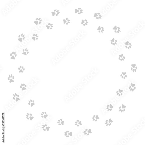 Round frame with dog tracks isolated on white background. Vector illustration.