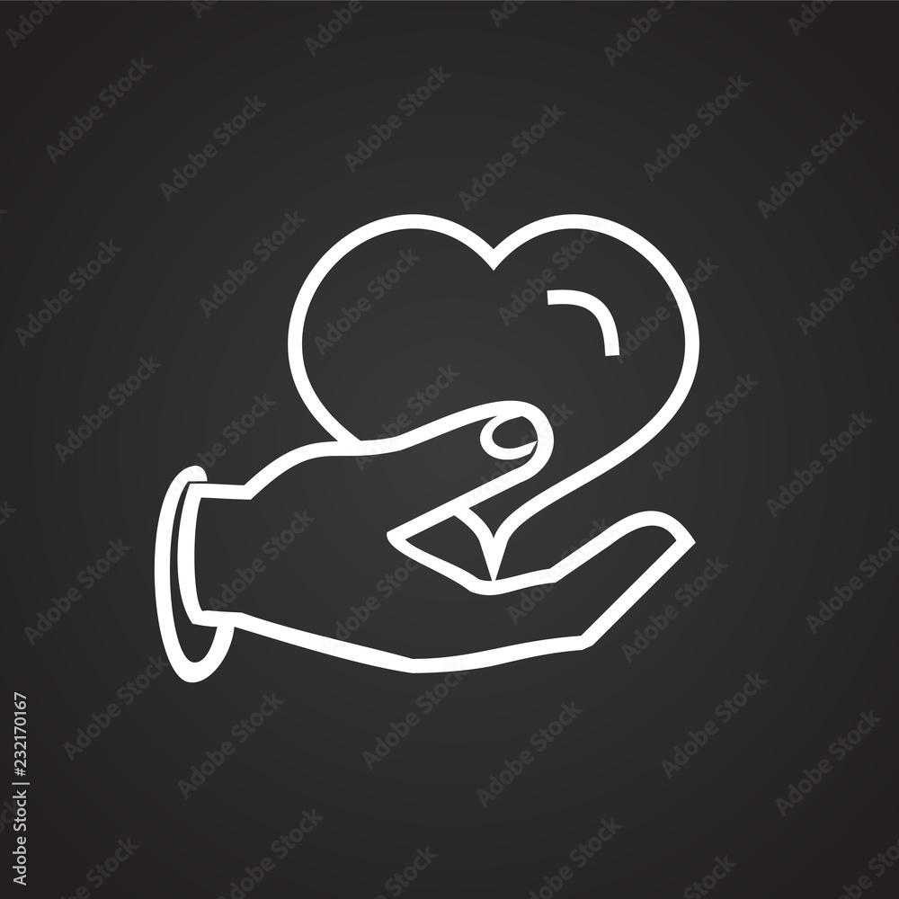 Hand holding heart thin line on black background icon Hand holding heart thin line on black background icon