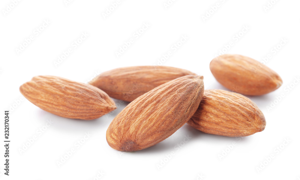 Organic almond nuts on white background. Healthy snack