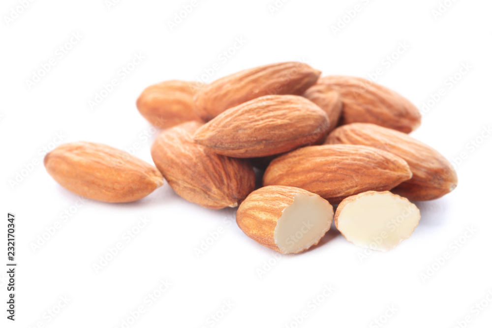 Organic almond nuts on white background. Healthy snack Organic almond nuts on white background. Healthy snack