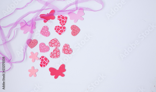 Valentines composition of the hearts. decoration hearts on white background with copy space. Valentines Day.