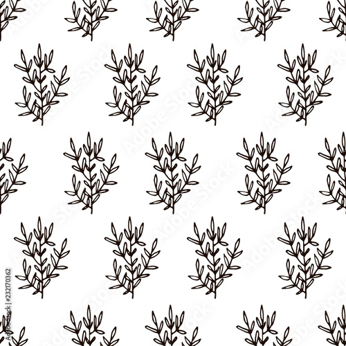 Cute floral seamless pattern with thin line black doodle branches and leaves on white background. Vector illustration.