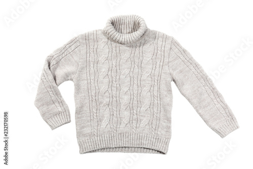 Cozy warm sweater on white background, top view