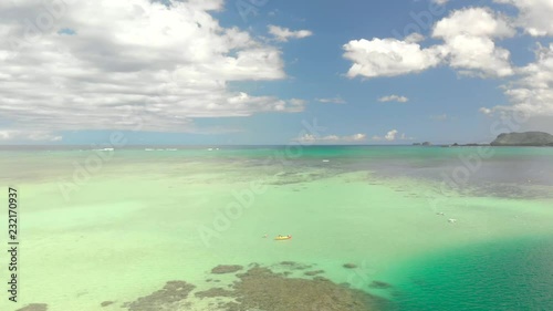 Kayakers on the sandbar in Kaneohe Bay, Oahu, Hawaii - Color Graded - Drone Footage