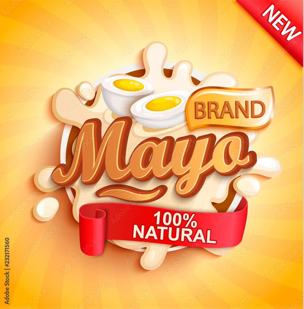 Mayonnaise label splash on gold sunburst background, natural and fresh for your brand, logo, template, label. Mayo emblem for groceries, stores, packaging and advertising. Vector illustration. Mayonnaise label splash on gold sunburst background, natural and fresh for your brand, logo, template, label. Mayo emblem for groceries, stores, packaging and advertising. Vector illustration.