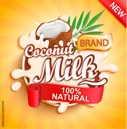 Coconut milk label splash on gold sunburst background. 100 percent natural, organic and fresh healthy drink. Perfect for your advertising and packaging cosmetics or dairy products. Vector illustration