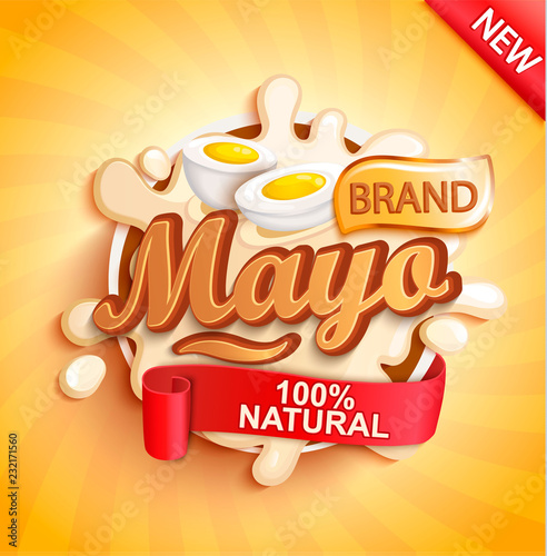 Mayonnaise label splash on gold sunburst background  natural and fresh for your brand  logo  template  label. Mayo emblem for groceries  stores  packaging and advertising. Vector illustration.
