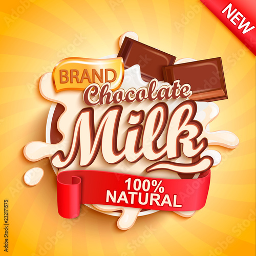 Chocolate milk label splash on gold sunburst background. Milky splashing with drops from falling pieces of delicious chocolate. Vector illustration for your design, packaging and advertising.
