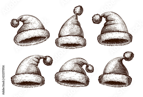 Santa Claus hat, sketch. Vintage vector illustration