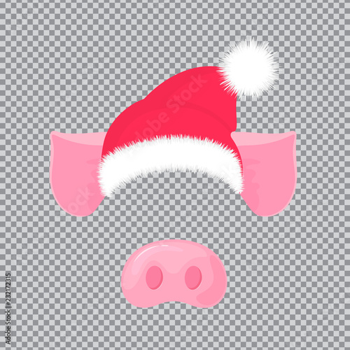Pig's nose and ears. Santa Claus hat. Carnival mask for the New Year 2019.