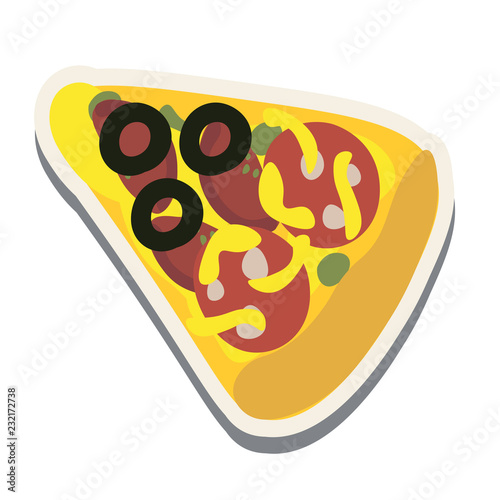 A slice of pizza with cheese, tomatoes, sausage and olives. Sticker.