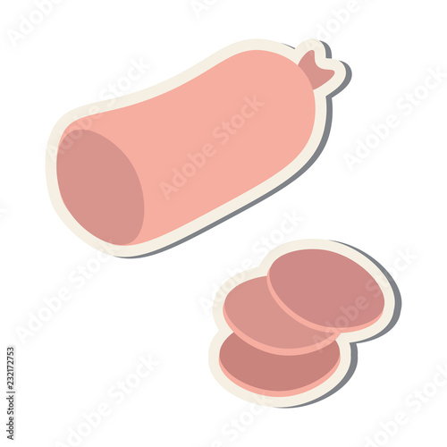 Sausage sticker. Slices of sausage sticker. Sausage isolated on white background. Logo, label.