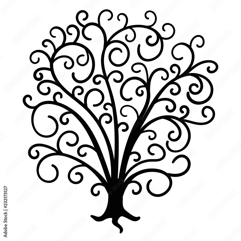 Cartoon curly tree silhouette isolated on white background. Vector illustration.