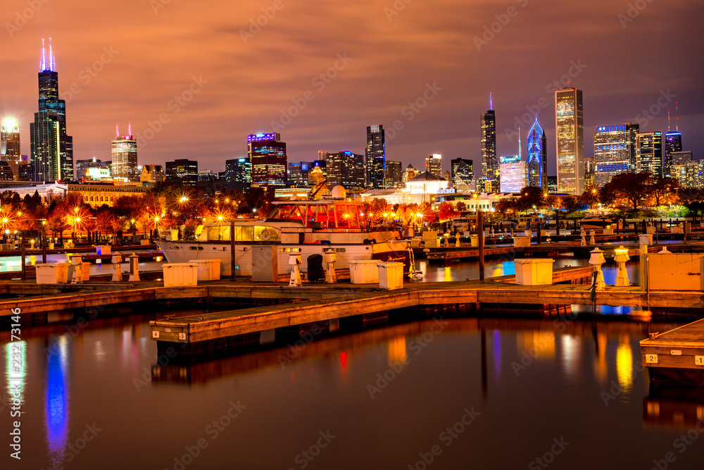 Chicago skyline at dusk view from the harbor, Chicago IL 2018