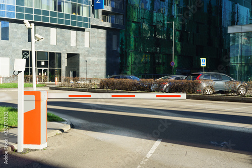 Barrier to paid parking at the mall, close-up