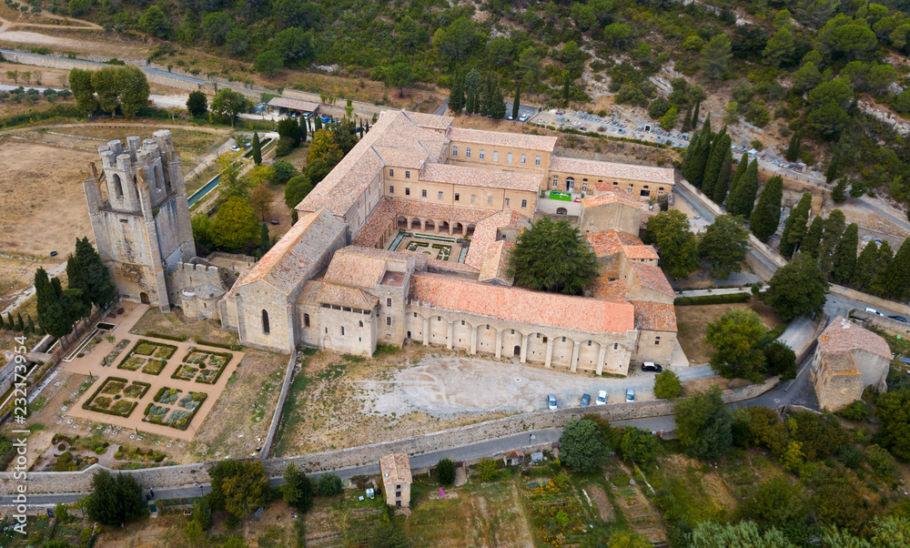 Aerial view of Castle of Abbey Sainte-Marie d'Orbieu, part of history of Lagrasse