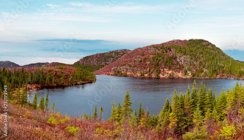 View of a lake in fall on the hiking trail ''Mont-du-Lac-des-Cygnes'' at Grand Jardin National Park, Québec