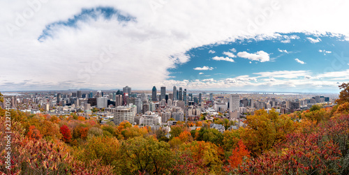 Montreal Skyline with Autumn foliage from Mont Royal Kondiaronk Belvedere