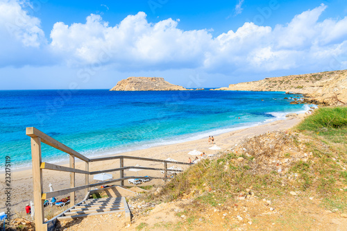 Steps to beautiful beach in Lefkos village on coast of Karpathos island  Greece.