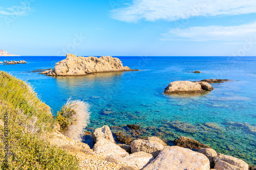 Beautiful sea colors in Ammopi village on coast of Karpathos island, Greece