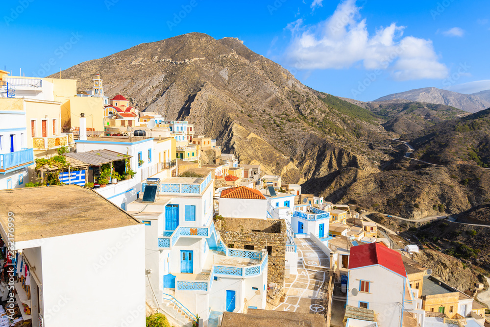 Colorful houses of Olympos village in mountains of Karpathos island, Greece