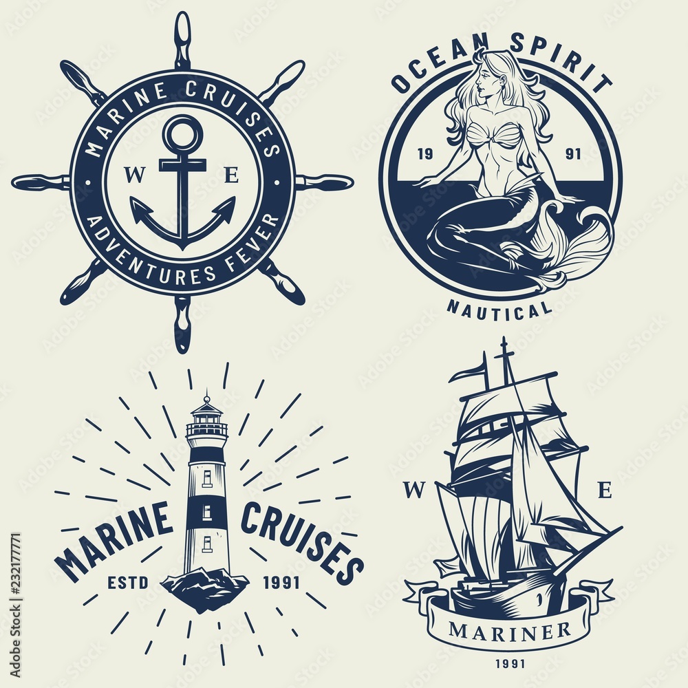 Vintage monochrome nautical logos set