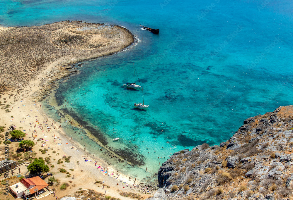 Aerial view to amazing beach and Augean sea with turquoise azure water. Holidays in Greece.