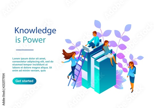 Banner for online training site for people. The background image is made in the gradient: orange, yellow, blue, purple. The girl with the phone is a guy with a computer. Knowledge is power